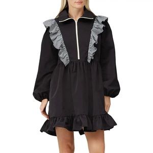 Sandy Liang Bally Gingham Ruffle Mini Dress Size Medium Zip Front Pockets